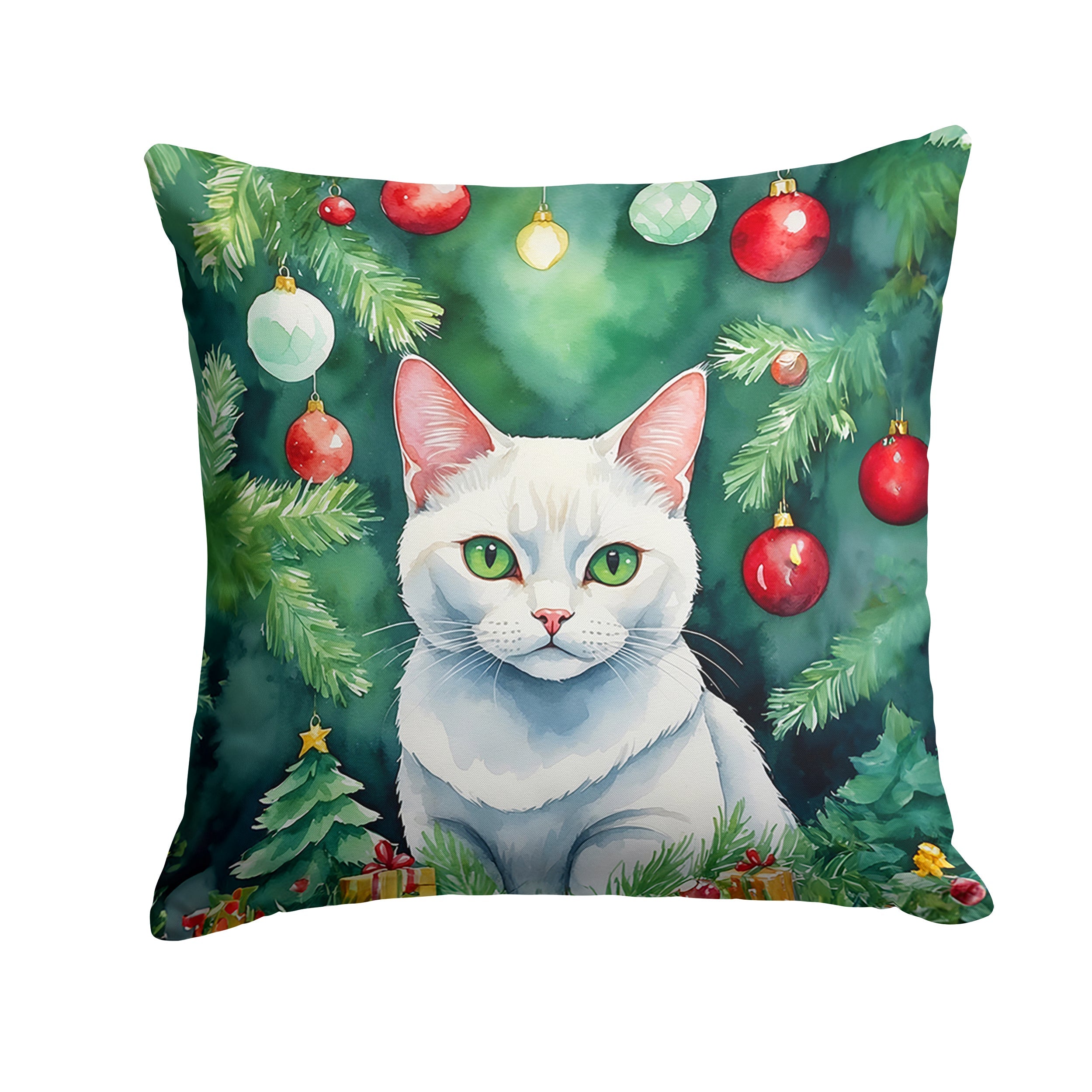 Khao Manee Cat By the Christmas Tree Decorative Throw Pillow 14x14 Indoor Outdoor Accent Cushion, Fabric Cover with Insert for Sofa, Bed, Porch & Living Room