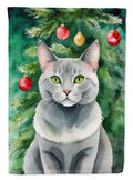 Korat Cat By the Christmas Tree House Flag 28x40 Porch Sleeve Pole Decorative Outside Yard Banner Artwork Wall Hanging, Polyester