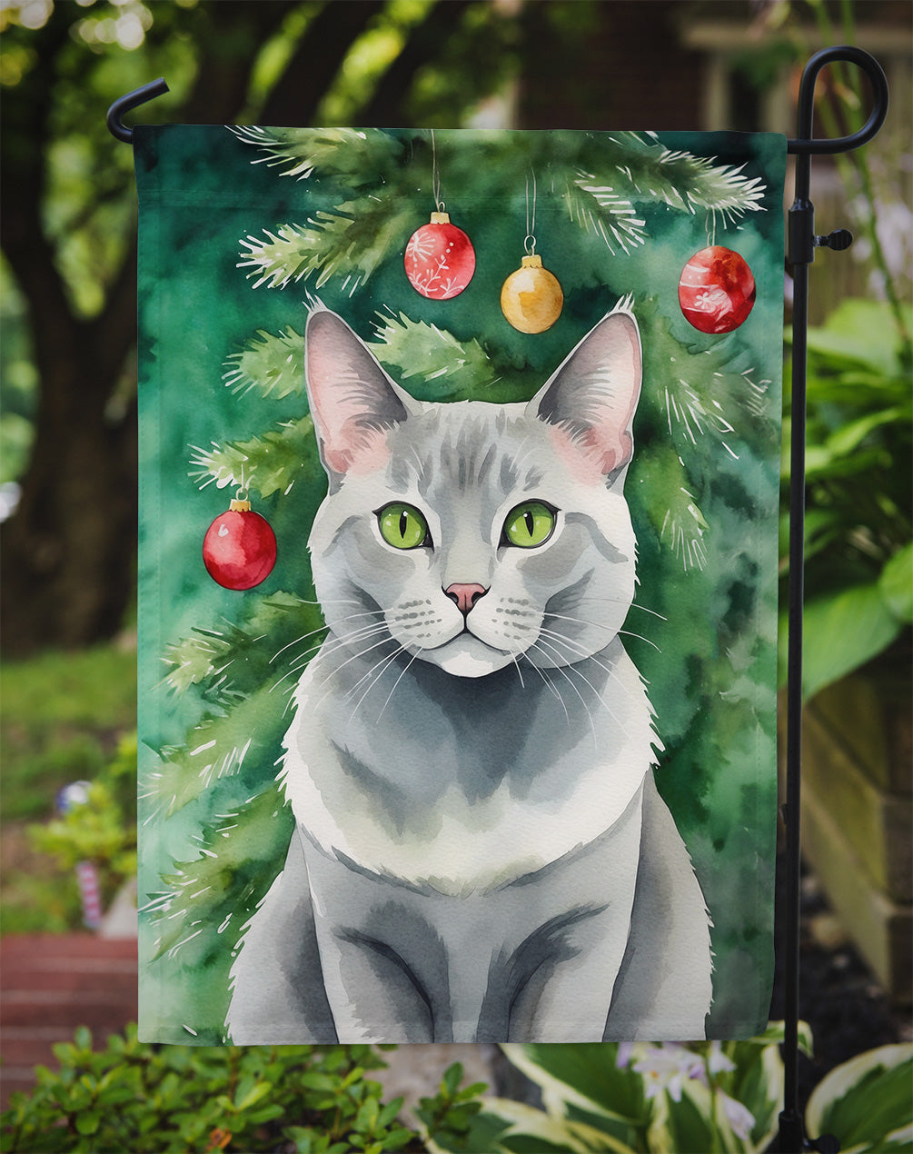 Korat Cat By the Christmas Tree Garden Flag Mailbox Decorative Yard Banner Outside Patio Artwork for Flower Beds, Garden Size, Multicolor