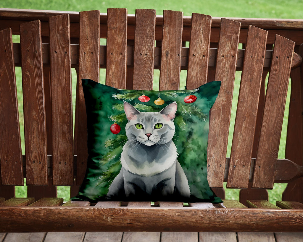 Korat Cat By the Christmas Tree Decorative Throw Pillow 14x14 Indoor Outdoor Accent Cushion, Fabric Cover with Insert for Sofa, Bed, Porch & Living Room