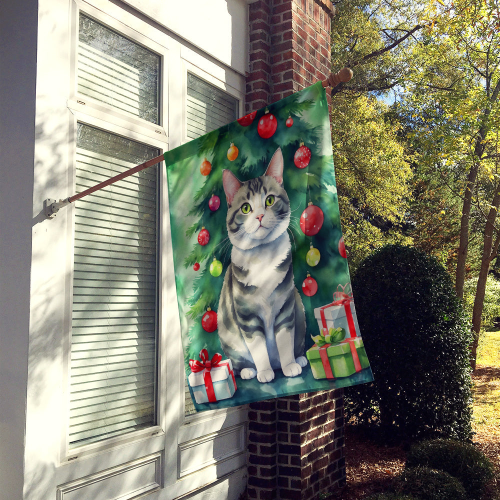 Korean Bobtail Cat By the Christmas Tree House Flag 28x40 Porch Sleeve Pole Decorative Outside Yard Banner Artwork Wall Hanging, Polyester