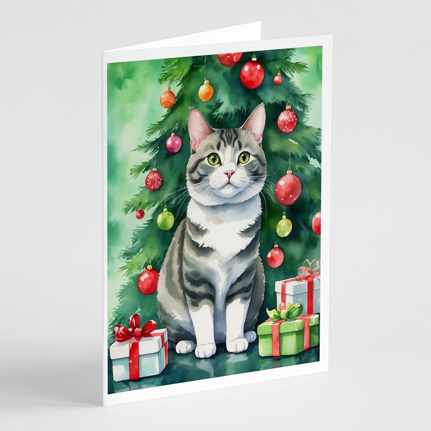 Korean Bobtail Cat By the Christmas Tree Greeting Cards Pack of 8 Blank Cards with Envelopes Whimsical A7 Size 5x7
