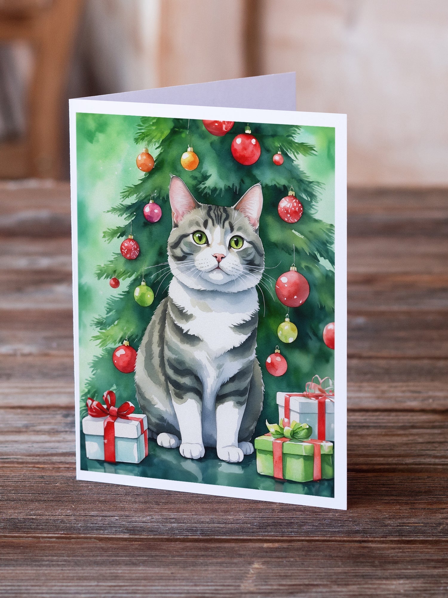 Korean Bobtail Cat By the Christmas Tree Greeting Cards Pack of 8 Blank Cards with Envelopes Whimsical A7 Size 5x7