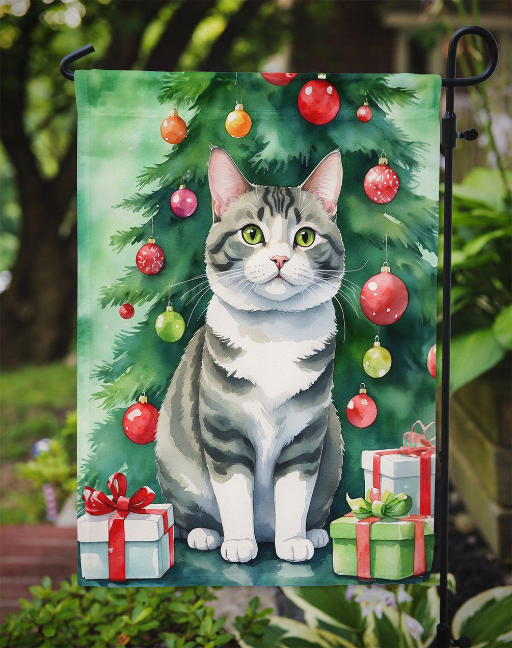Korean Bobtail Cat By the Christmas Tree Garden Flag Mailbox Decorative Yard Banner Outside Patio Artwork for Flower Beds, Garden Size, Multicolor