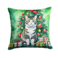 Korean Bobtail Cat By the Christmas Tree Decorative Throw Pillow 14x14 Indoor Outdoor Accent Cushion, Fabric Cover with Insert for Sofa, Bed, Porch & Living Room