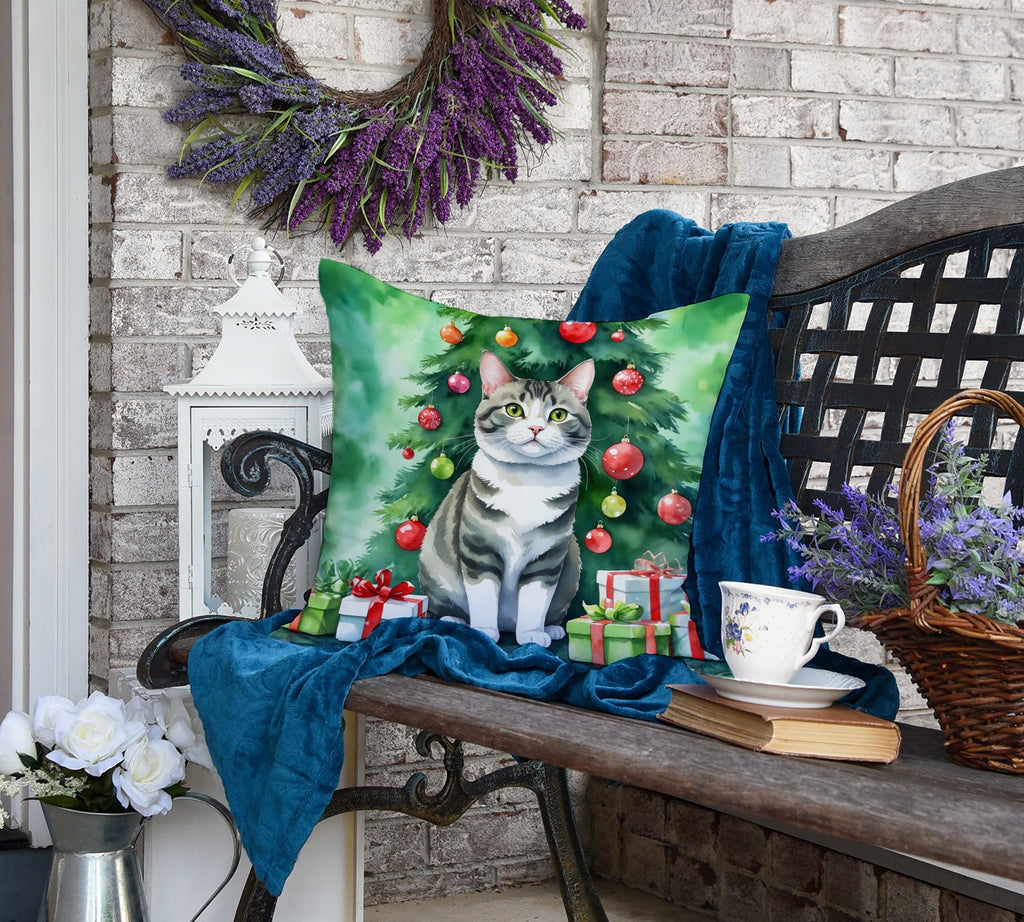 Korean Bobtail Cat By the Christmas Tree Decorative Throw Pillow 18x18 Indoor Outdoor Accent Cushion, Fabric Cover with Insert for Sofa, Bed, Porch & Living Room