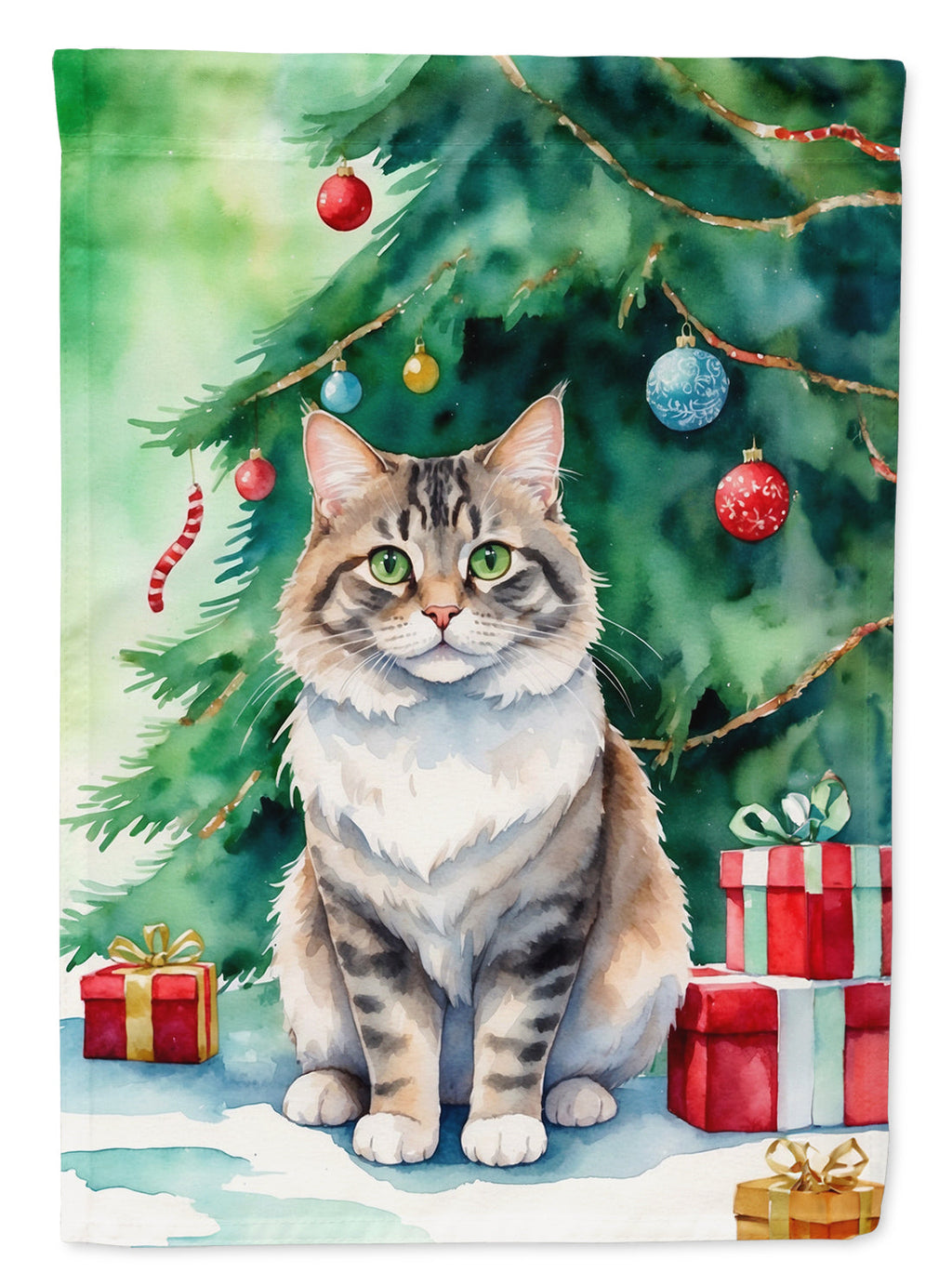 Kurilian Bobtail Cat By the Christmas Tree House Flag 28x40 Porch Sleeve Pole Decorative Outside Yard Banner Artwork Wall Hanging, Polyester