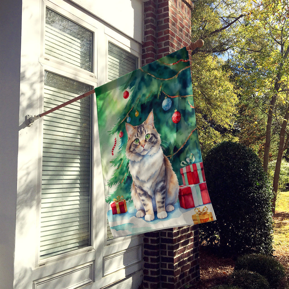 Kurilian Bobtail Cat By the Christmas Tree House Flag 28x40 Porch Sleeve Pole Decorative Outside Yard Banner Artwork Wall Hanging, Polyester