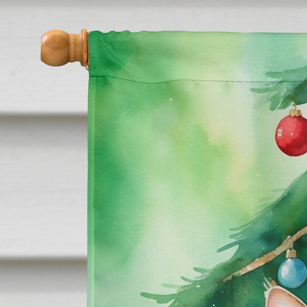 Kurilian Bobtail Cat By the Christmas Tree House Flag 28x40 Porch Sleeve Pole Decorative Outside Yard Banner Artwork Wall Hanging, Polyester