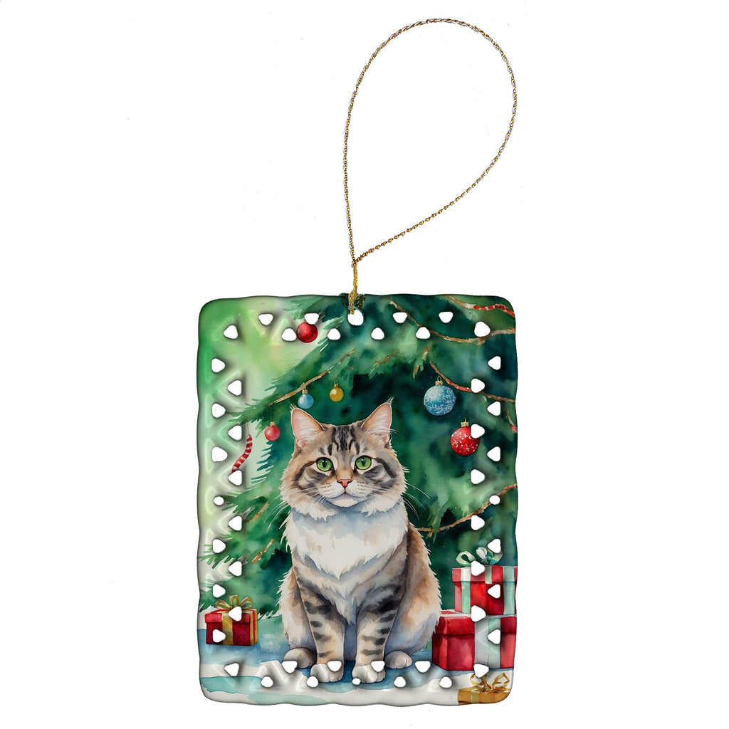 Kurilian Bobtail Cat By the Christmas Tree Porcelain Ornament Christmas Tree Hanging Decorations for Home Christmas Holiday, Rectangle, Gift, Multicolor