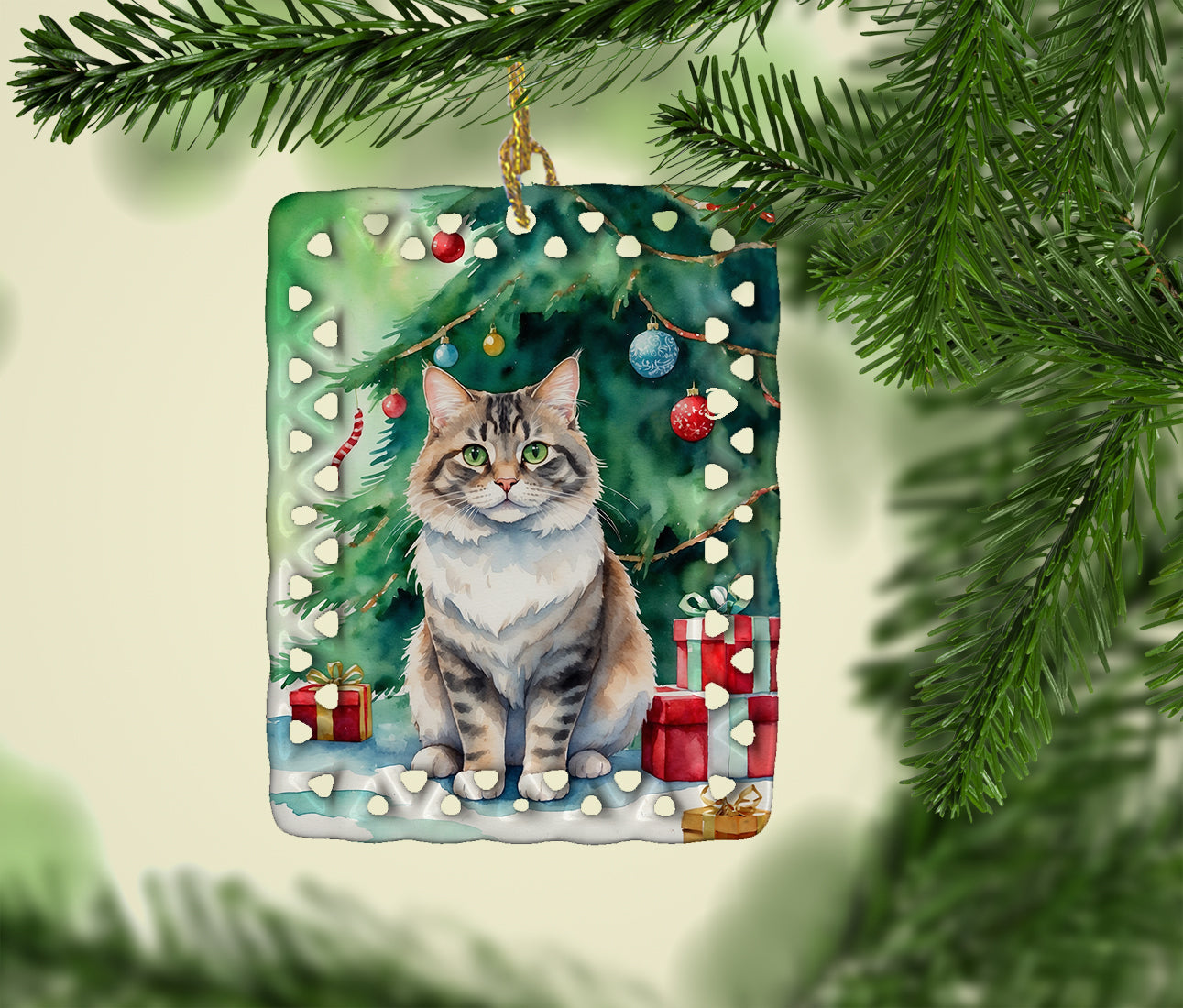 Kurilian Bobtail Cat By the Christmas Tree Porcelain Ornament Christmas Tree Hanging Decorations for Home Christmas Holiday, Rectangle, Gift, Multicolor