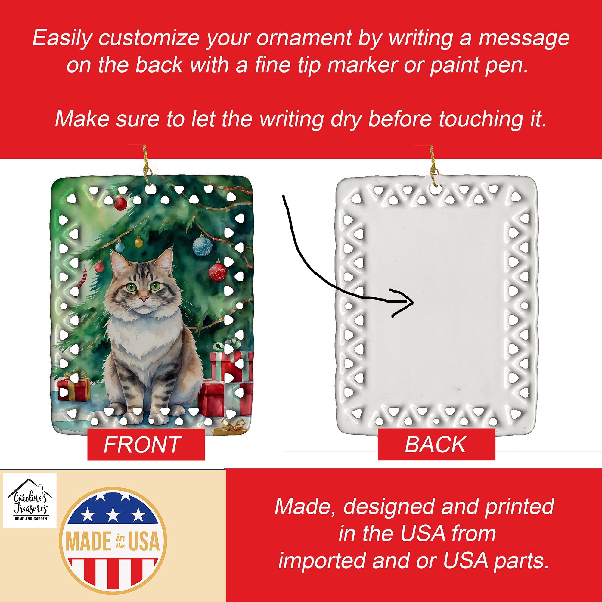Kurilian Bobtail Cat By the Christmas Tree Porcelain Ornament Christmas Tree Hanging Decorations for Home Christmas Holiday, Rectangle, Gift, Multicolor
