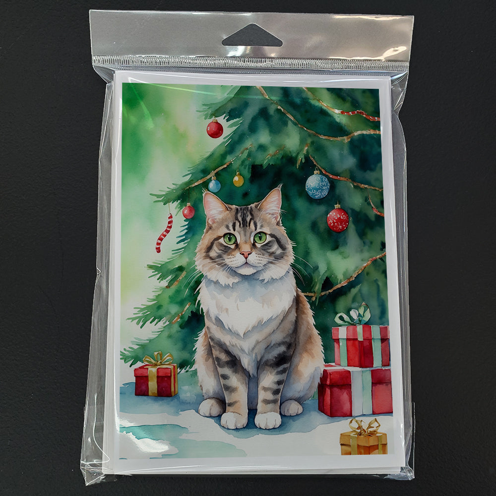 Kurilian Bobtail Cat By the Christmas Tree Greeting Cards Pack of 8 Blank Cards with Envelopes Whimsical A7 Size 5x7