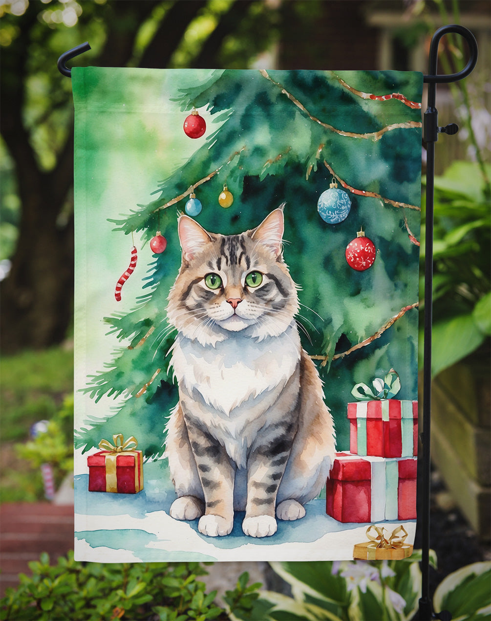 Kurilian Bobtail Cat By the Christmas Tree Garden Flag Mailbox Decorative Yard Banner Outside Patio Artwork for Flower Beds, Garden Size, Multicolor