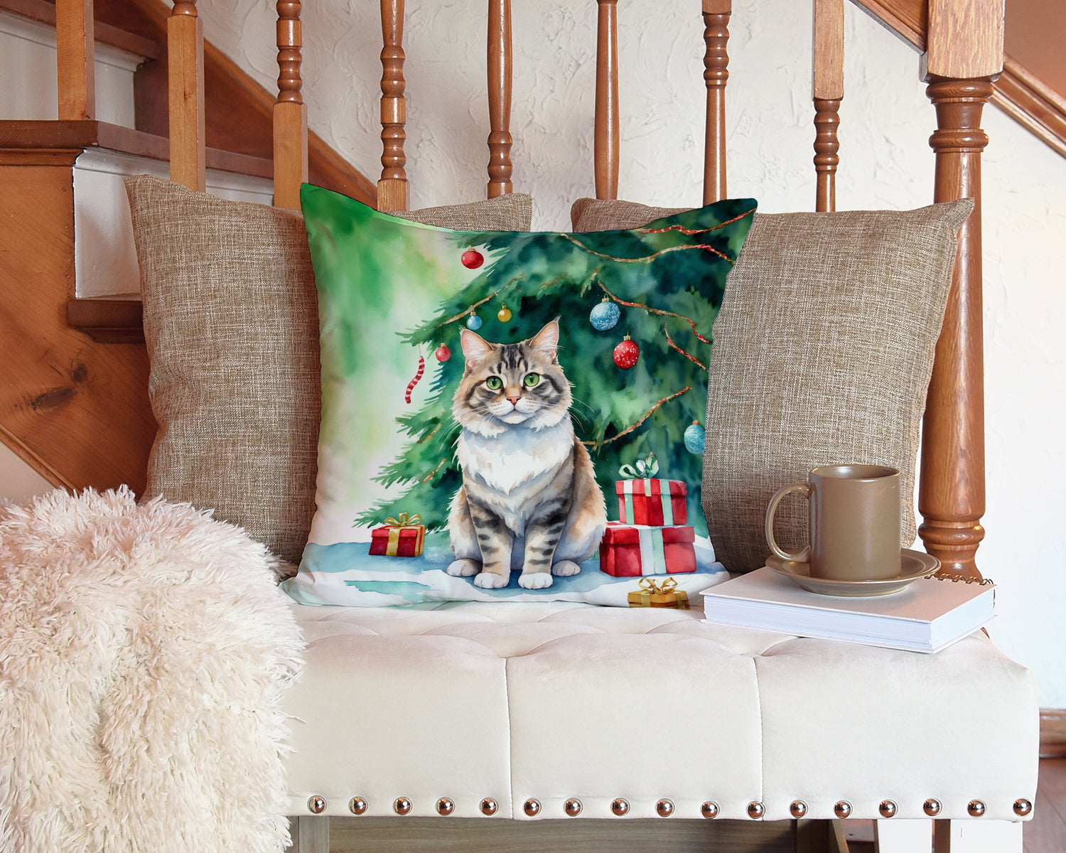 Kurilian Bobtail Cat By the Christmas Tree Decorative Throw Pillow 14x14 Indoor Outdoor Accent Cushion, Fabric Cover with Insert for Sofa, Bed, Porch & Living Room