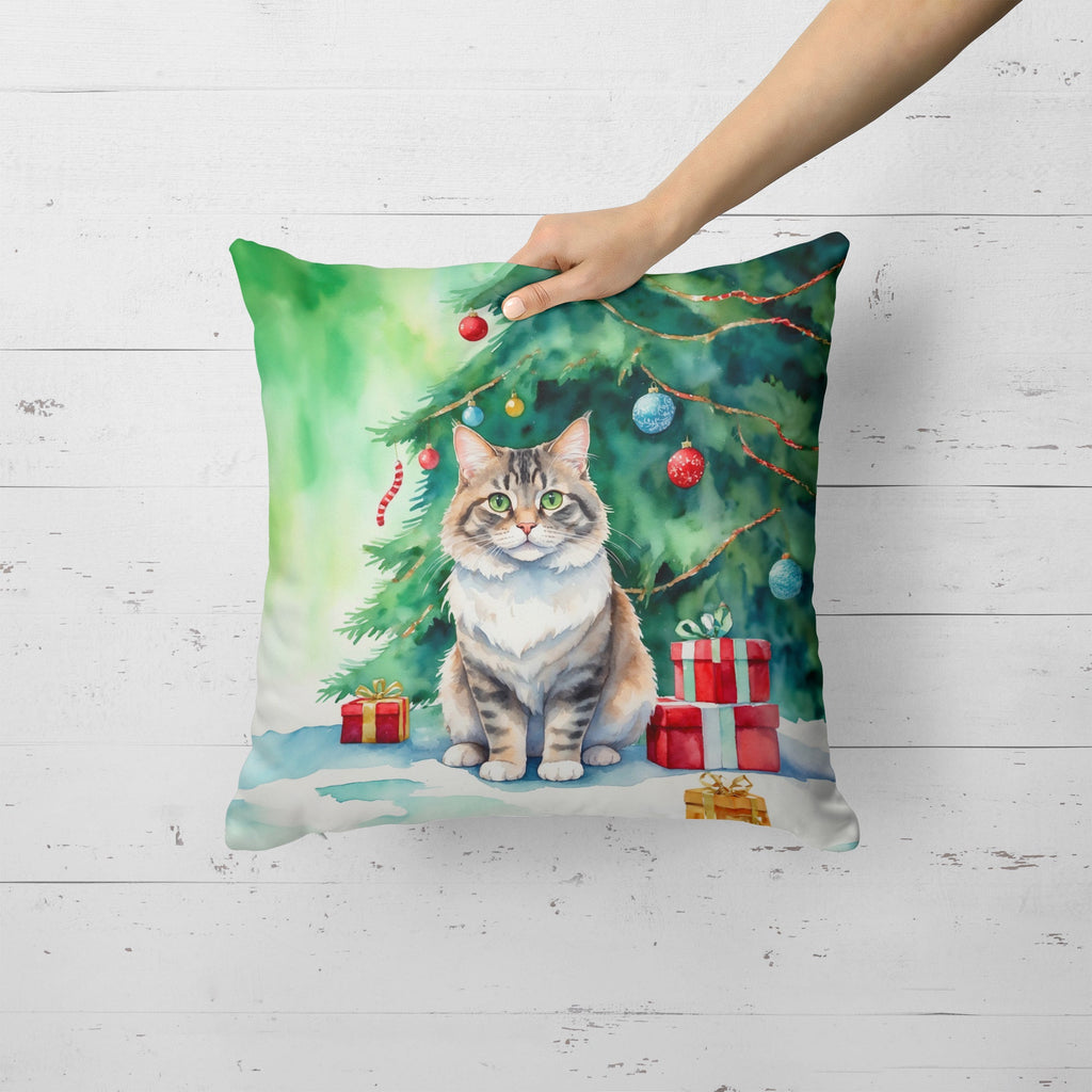 Kurilian Bobtail Cat By the Christmas Tree Decorative Throw Pillow 18x18 Indoor Outdoor Accent Cushion, Fabric Cover with Insert for Sofa, Bed, Porch & Living Room