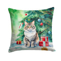 Kurilian Bobtail Cat By the Christmas Tree Decorative Throw Pillow 18x18 Indoor Outdoor Accent Cushion, Fabric Cover with Insert for Sofa, Bed, Porch & Living Room