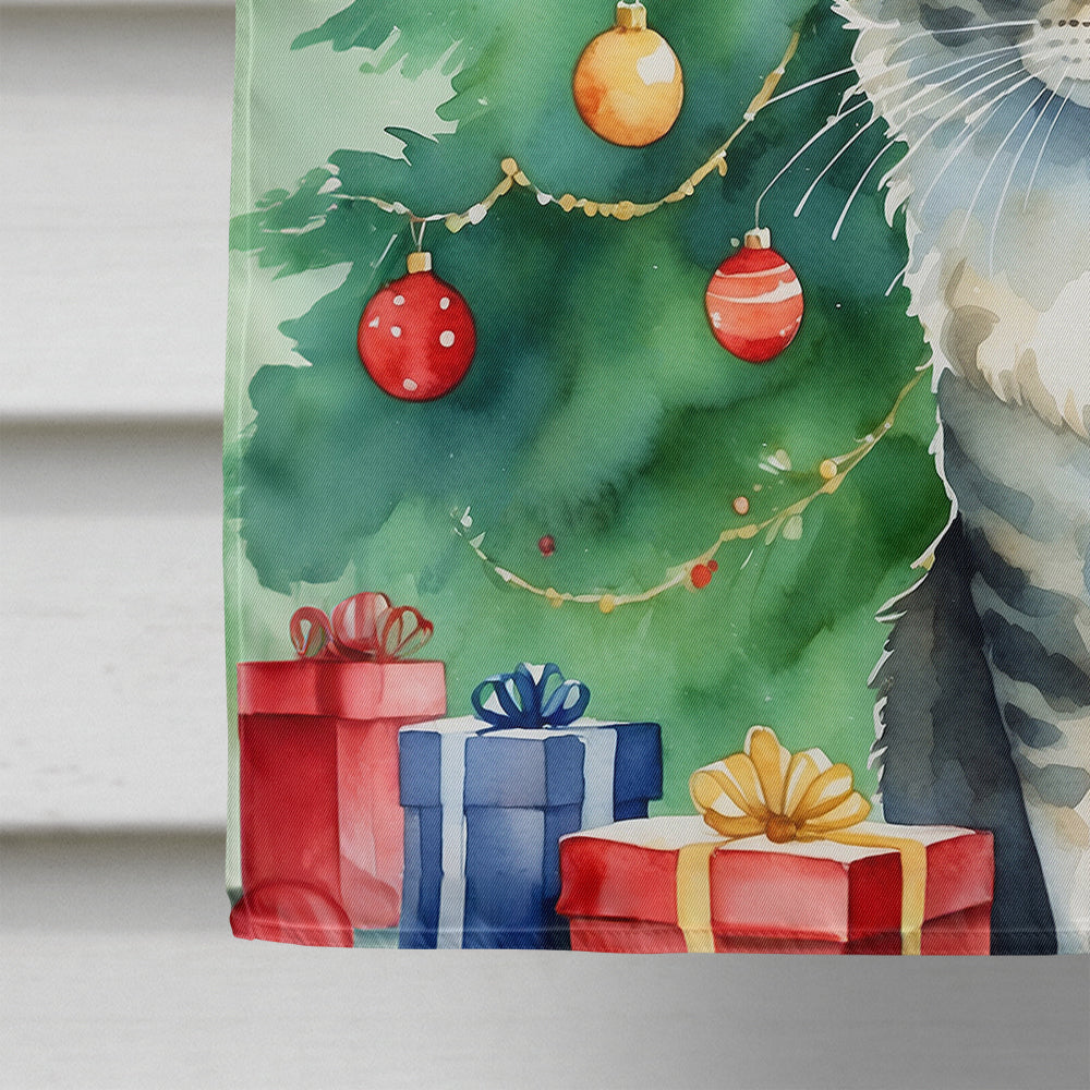La Perm Cat By the Christmas Tree House Flag 28x40 Porch Sleeve Pole Decorative Outside Yard Banner Artwork Wall Hanging, Polyester
