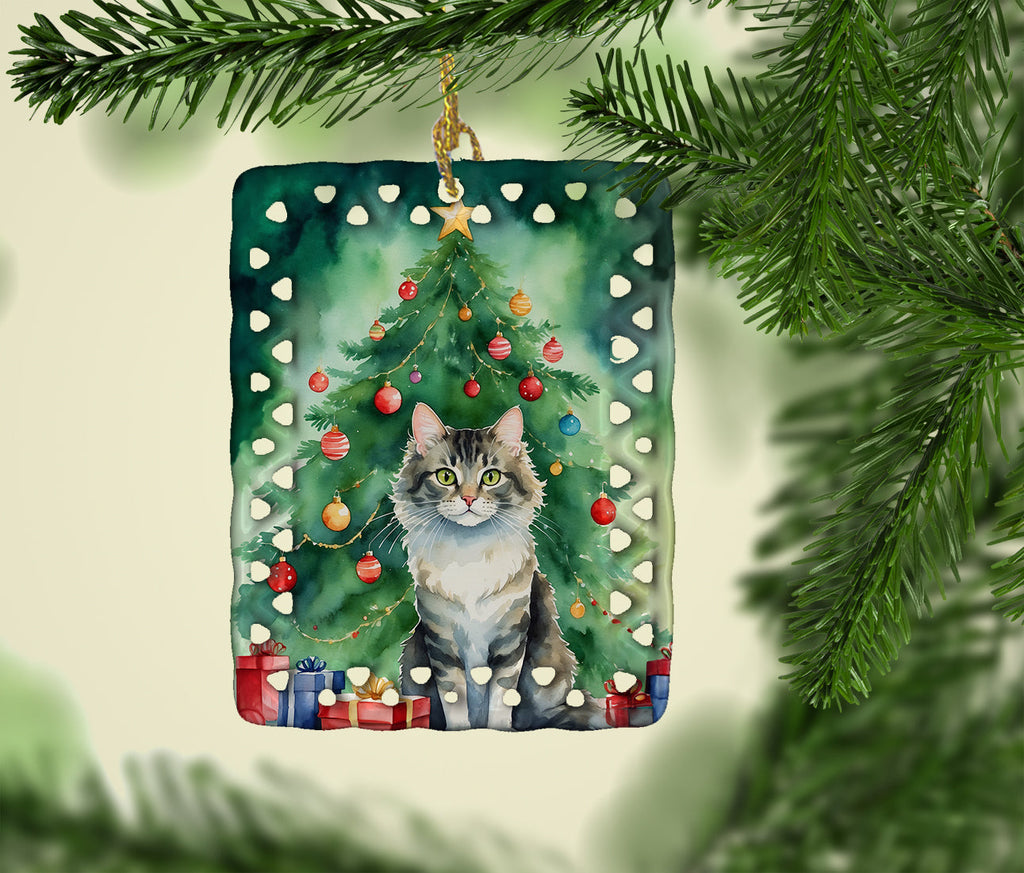 La Perm Cat By the Christmas Tree Porcelain Ornament Christmas Tree Hanging Decorations for Home Christmas Holiday, Rectangle, Gift, Multicolor