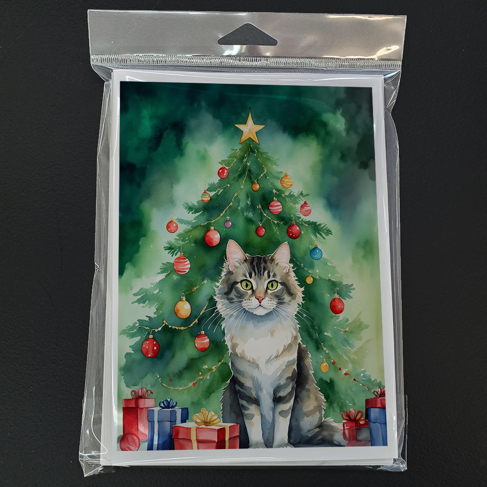 La Perm Cat By the Christmas Tree Greeting Cards Pack of 8 Blank Cards with Envelopes Whimsical A7 Size 5x7