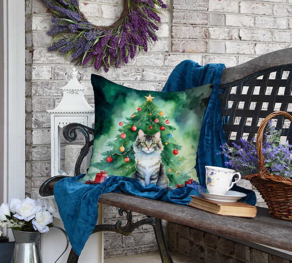 La Perm Cat By the Christmas Tree Decorative Throw Pillow 18x18 Indoor Outdoor Accent Cushion, Fabric Cover with Insert for Sofa, Bed, Porch & Living Room