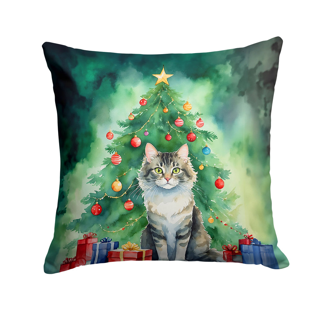 La Perm Cat By the Christmas Tree Decorative Throw Pillow 18x18 Indoor Outdoor Accent Cushion, Fabric Cover with Insert for Sofa, Bed, Porch & Living Room