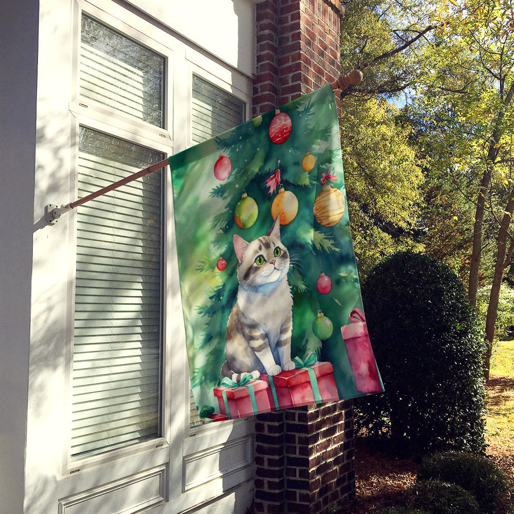 Li Hua Cat By the Christmas Tree House Flag 28x40 Porch Sleeve Pole Decorative Outside Yard Banner Artwork Wall Hanging, Polyester