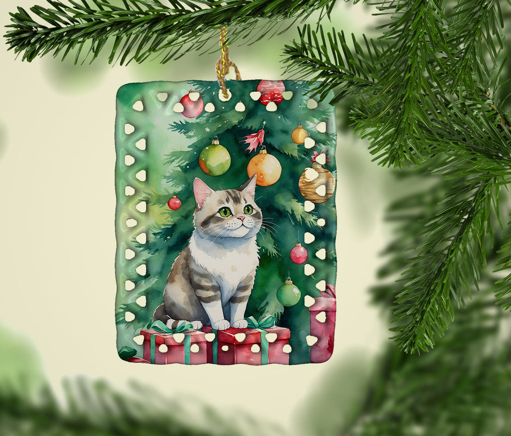 Li Hua Cat By the Christmas Tree Porcelain Ornament Christmas Tree Hanging Decorations for Home Christmas Holiday, Rectangle, Gift, Multicolor