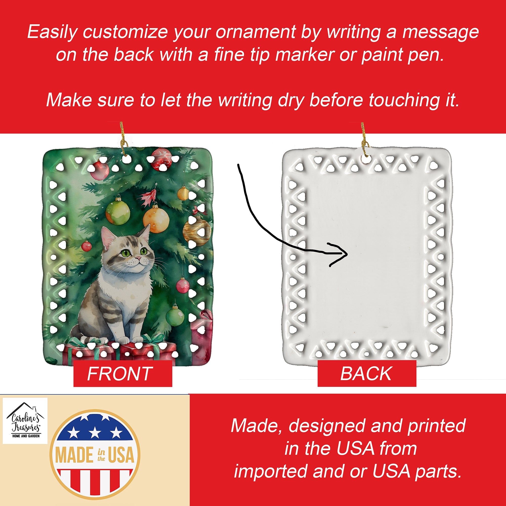 Li Hua Cat By the Christmas Tree Porcelain Ornament Christmas Tree Hanging Decorations for Home Christmas Holiday, Rectangle, Gift, Multicolor