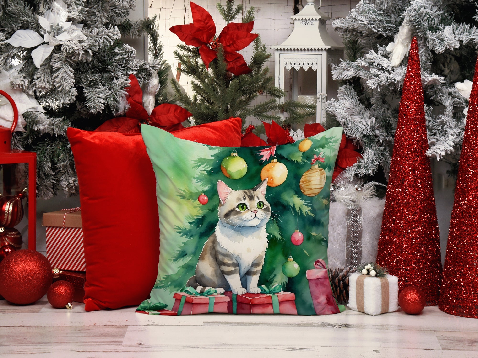 Li Hua Cat By the Christmas Tree Decorative Throw Pillow 18x18 Indoor Outdoor Accent Cushion, Fabric Cover with Insert for Sofa, Bed, Porch & Living Room