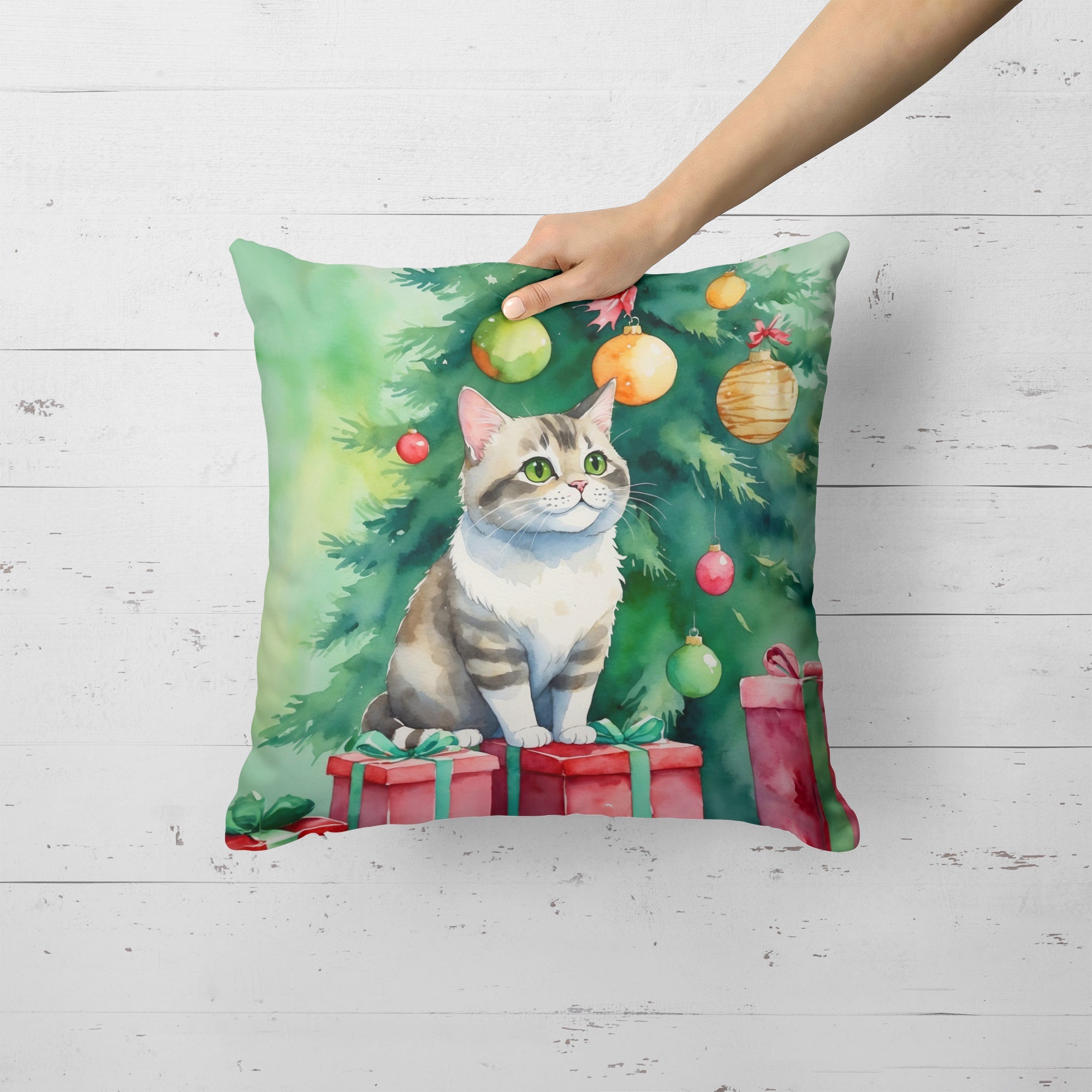Li Hua Cat By the Christmas Tree Decorative Throw Pillow 18x18 Indoor Outdoor Accent Cushion, Fabric Cover with Insert for Sofa, Bed, Porch & Living Room