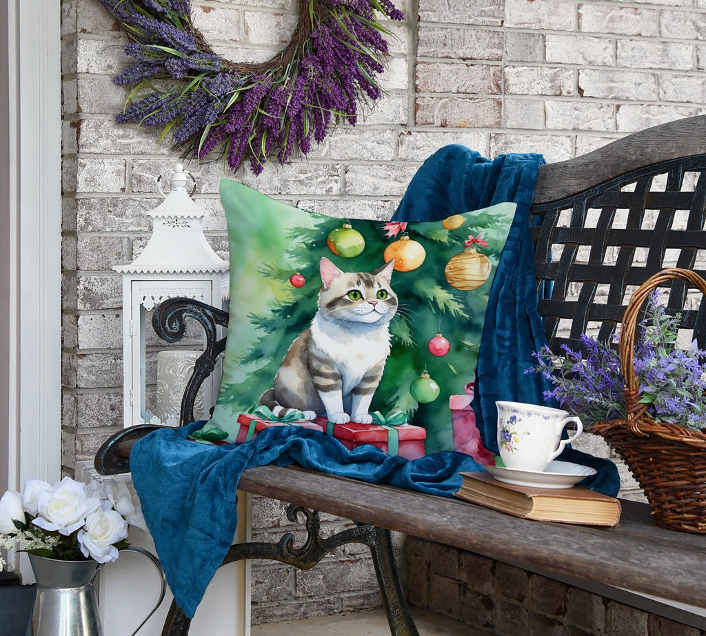 Li Hua Cat By the Christmas Tree Decorative Throw Pillow 18x18 Indoor Outdoor Accent Cushion, Fabric Cover with Insert for Sofa, Bed, Porch & Living Room