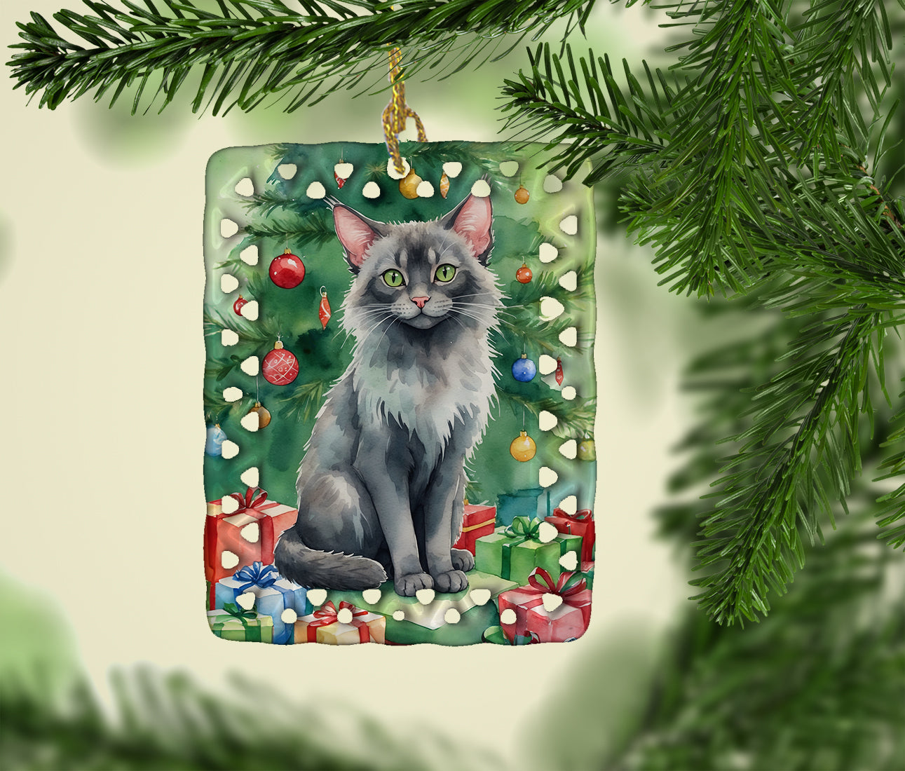 Lykoi Cat By the Christmas Tree Porcelain Ornament Christmas Tree Hanging Decorations for Home Christmas Holiday, Rectangle, Gift, Multicolor