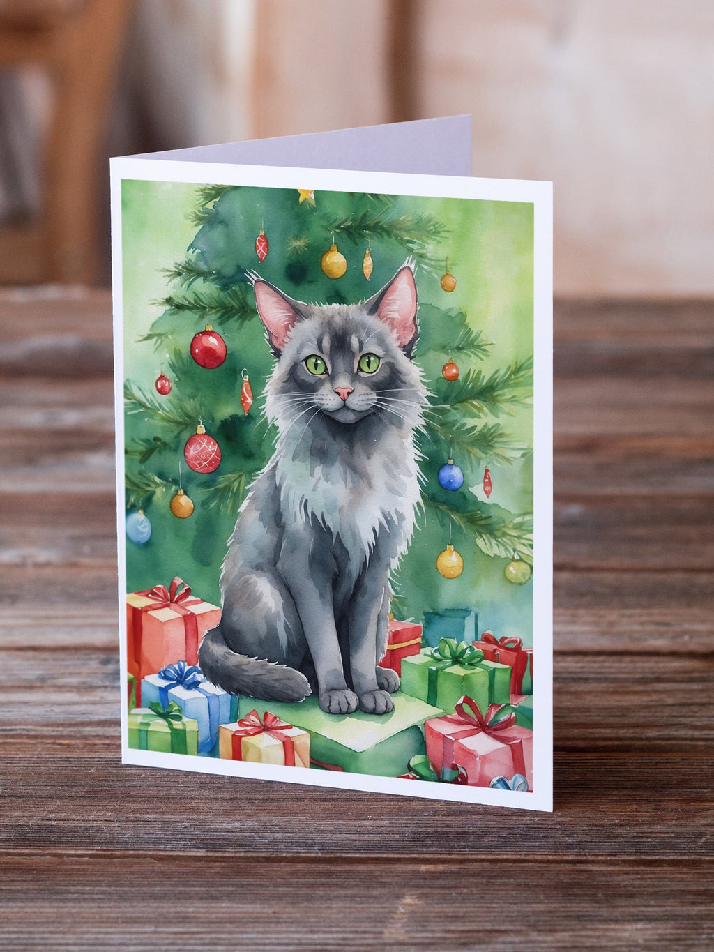 Lykoi Cat By the Christmas Tree Greeting Cards Pack of 8 Blank Cards with Envelopes Whimsical A7 Size 5x7