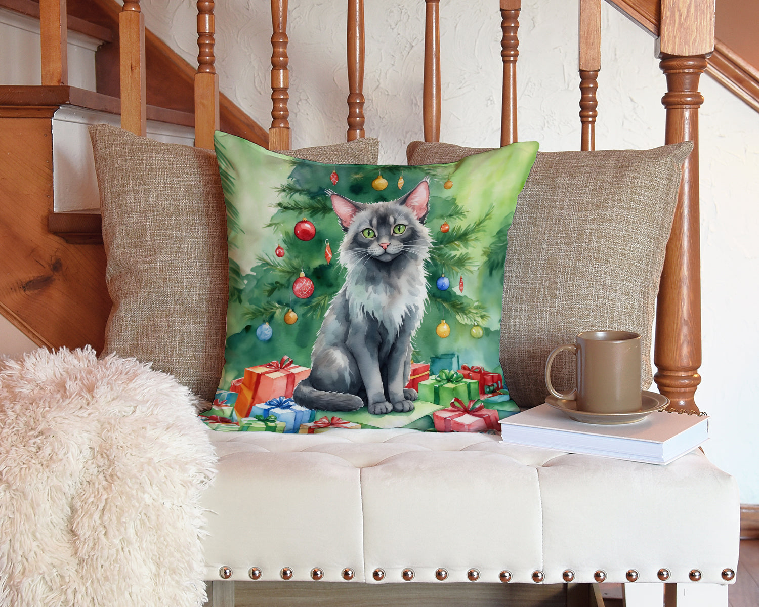 Lykoi Cat By the Christmas Tree Decorative Throw Pillow 14x14 Indoor Outdoor Accent Cushion, Fabric Cover with Insert for Sofa, Bed, Porch & Living Room