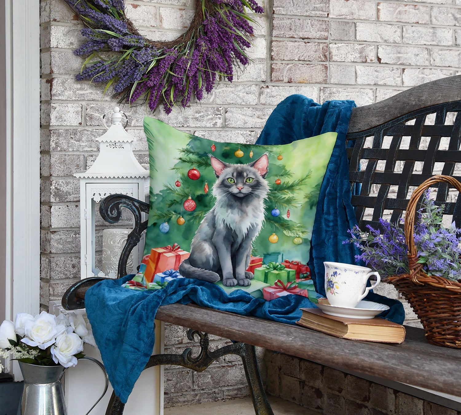 Lykoi Cat By the Christmas Tree Decorative Throw Pillow 18x18 Indoor Outdoor Accent Cushion, Fabric Cover with Insert for Sofa, Bed, Porch & Living Room