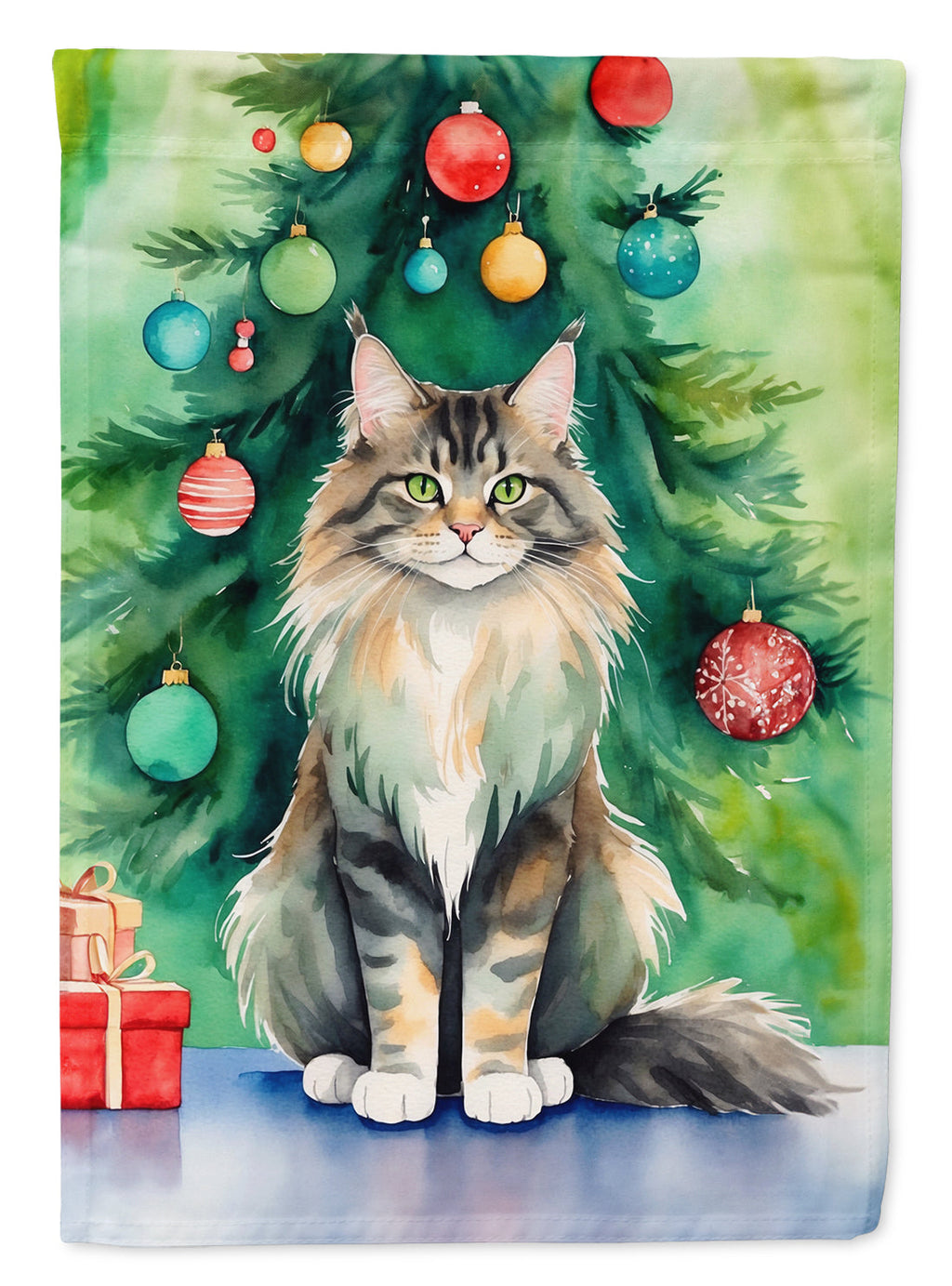 MaineCoon Cat By the Christmas Tree House Flag 28x40 Porch Sleeve Pole Decorative Outside Yard Banner Artwork Wall Hanging, Polyester
