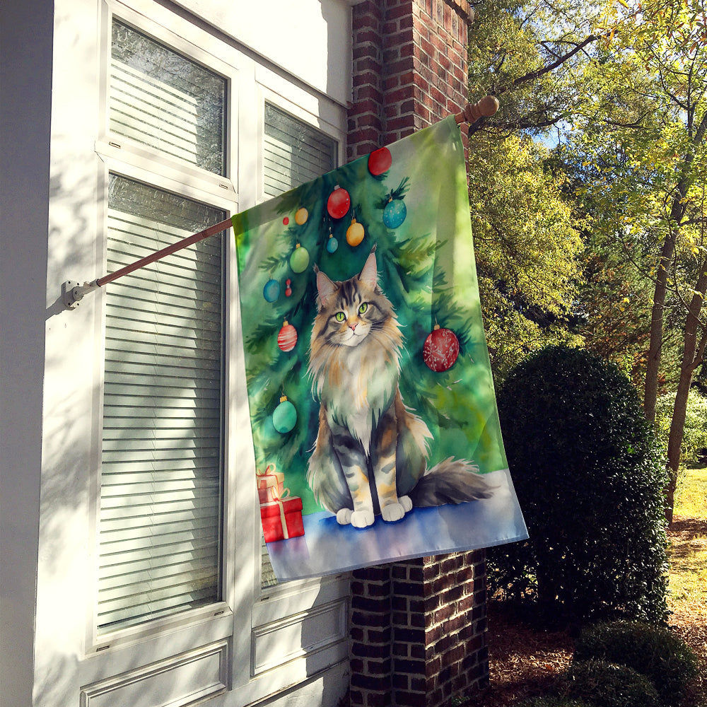 MaineCoon Cat By the Christmas Tree House Flag 28x40 Porch Sleeve Pole Decorative Outside Yard Banner Artwork Wall Hanging, Polyester