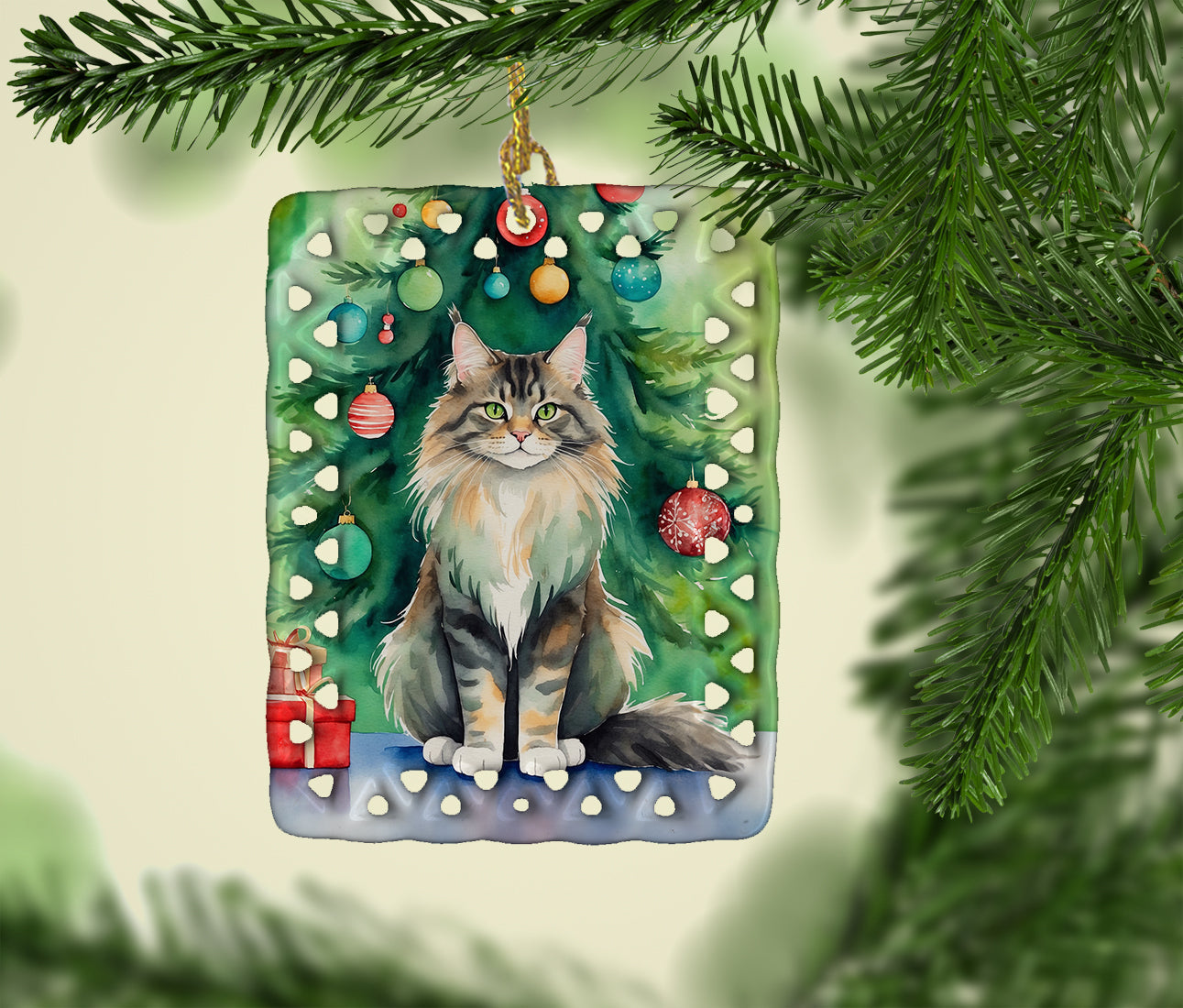 MaineCoon Cat By the Christmas Tree Porcelain Ornament Christmas Tree Hanging Decorations for Home Christmas Holiday, Rectangle, Gift, Multicolor