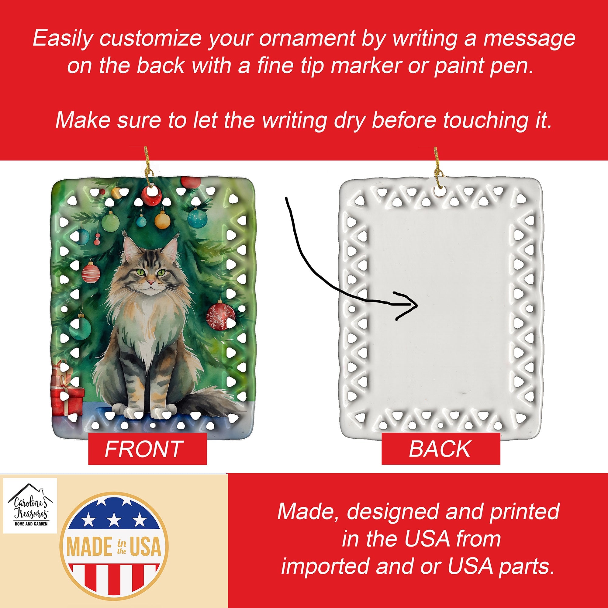 MaineCoon Cat By the Christmas Tree Porcelain Ornament Christmas Tree Hanging Decorations for Home Christmas Holiday, Rectangle, Gift, Multicolor