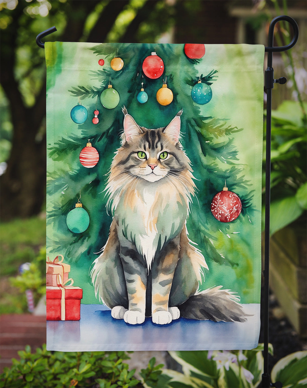 MaineCoon Cat By the Christmas Tree Garden Flag Mailbox Decorative Yard Banner Outside Patio Artwork for Flower Beds, Garden Size, Multicolor