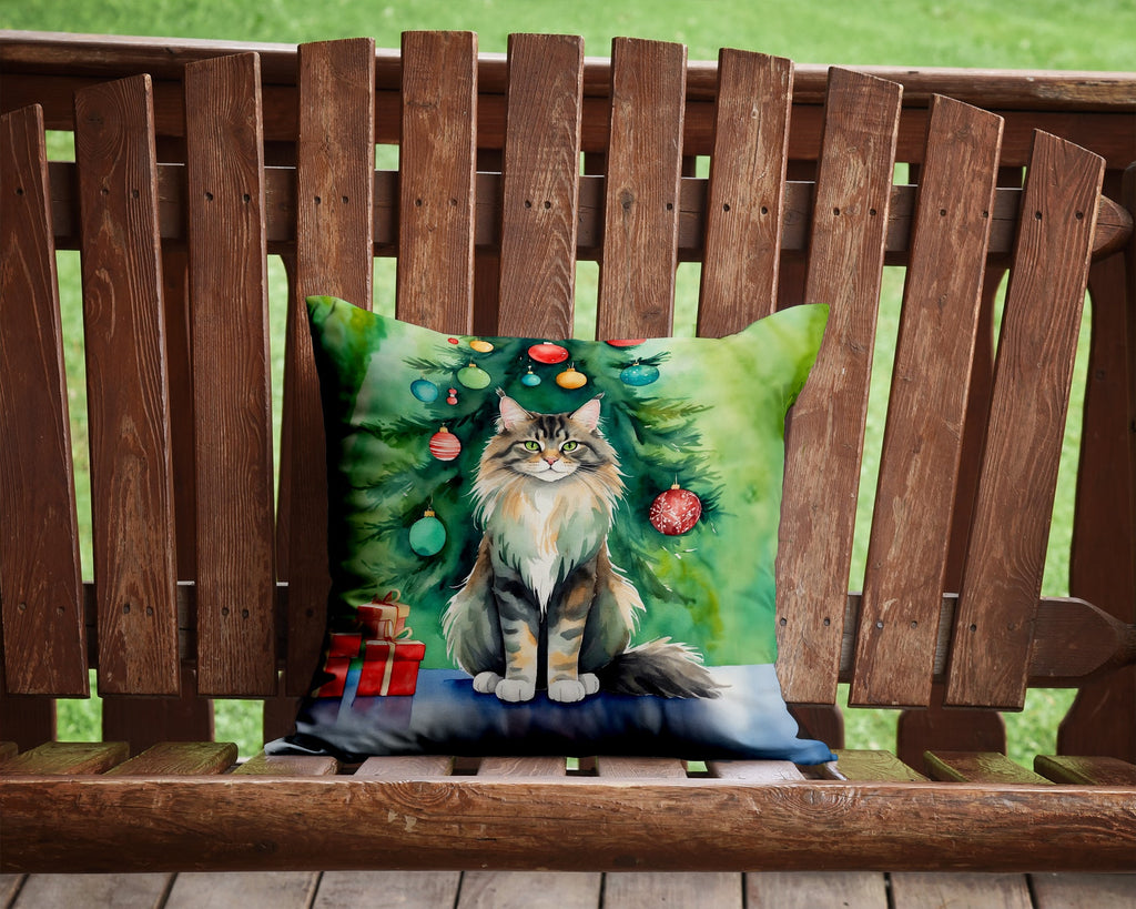 MaineCoon Cat By the Christmas Tree Decorative Throw Pillow 14x14 Indoor Outdoor Accent Cushion, Fabric Cover with Insert for Sofa, Bed, Porch & Living Room