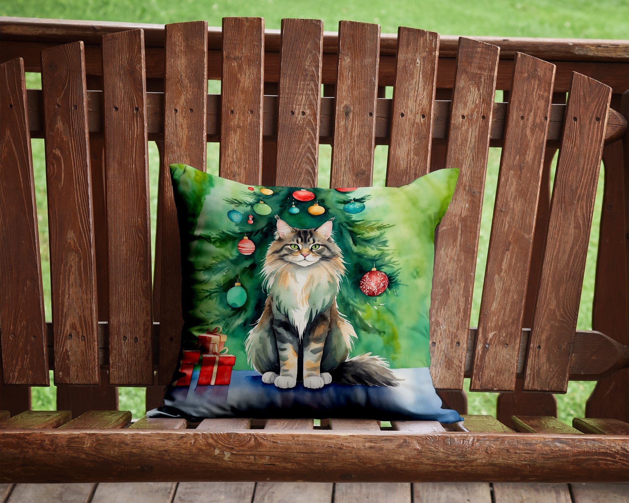 MaineCoon Cat By the Christmas Tree Decorative Throw Pillow 14x14 Indoor Outdoor Accent Cushion, Fabric Cover with Insert for Sofa, Bed, Porch & Living Room