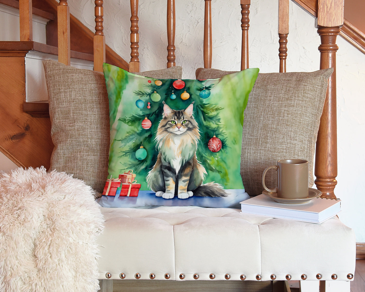 MaineCoon Cat By the Christmas Tree Decorative Throw Pillow 14x14 Indoor Outdoor Accent Cushion, Fabric Cover with Insert for Sofa, Bed, Porch & Living Room