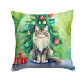 MaineCoon Cat By the Christmas Tree Decorative Throw Pillow 14x14 Indoor Outdoor Accent Cushion, Fabric Cover with Insert for Sofa, Bed, Porch & Living Room