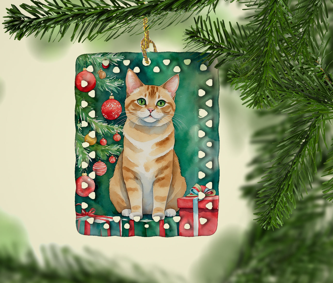 Malayan Cat By the Christmas Tree Porcelain Ornament Christmas Tree Hanging Decorations for Home Christmas Holiday, Rectangle, Gift, Multicolor