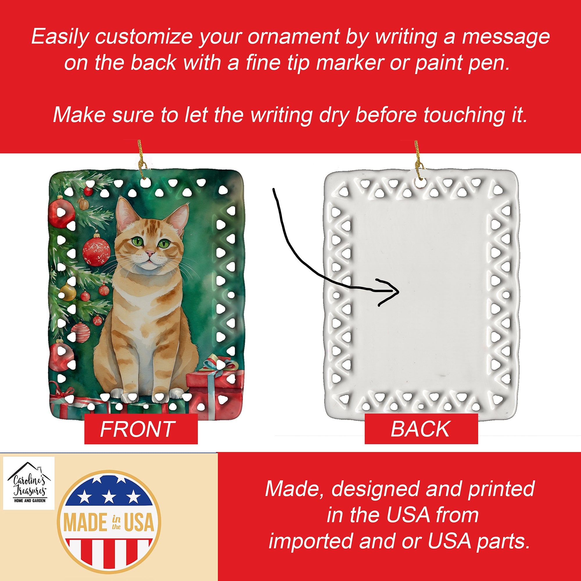 Malayan Cat By the Christmas Tree Porcelain Ornament Christmas Tree Hanging Decorations for Home Christmas Holiday, Rectangle, Gift, Multicolor