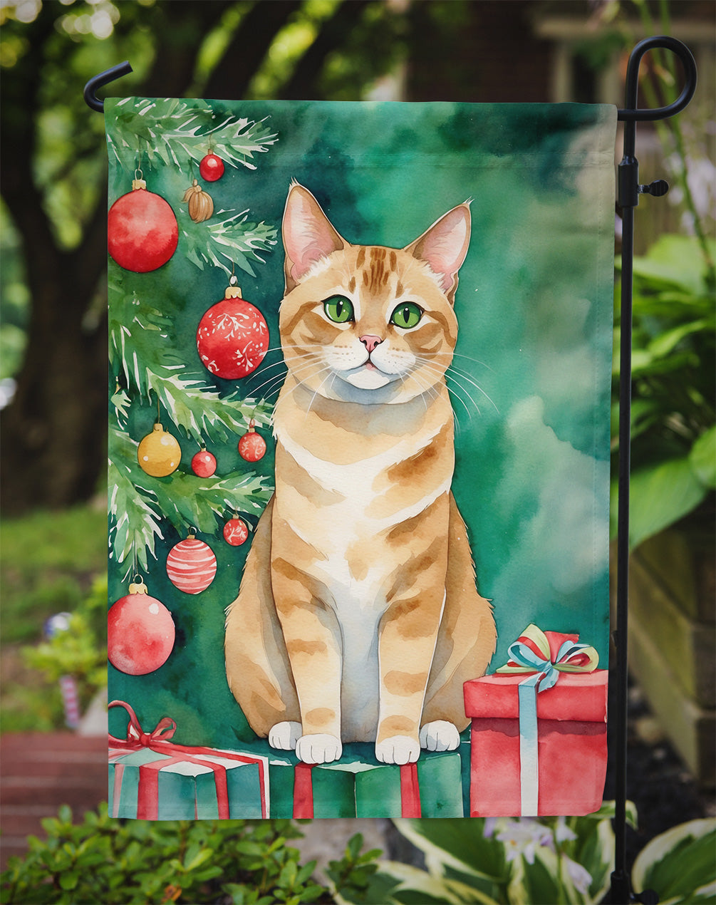 Malayan Cat By the Christmas Tree Garden Flag Mailbox Decorative Yard Banner Outside Patio Artwork for Flower Beds, Garden Size, Multicolor