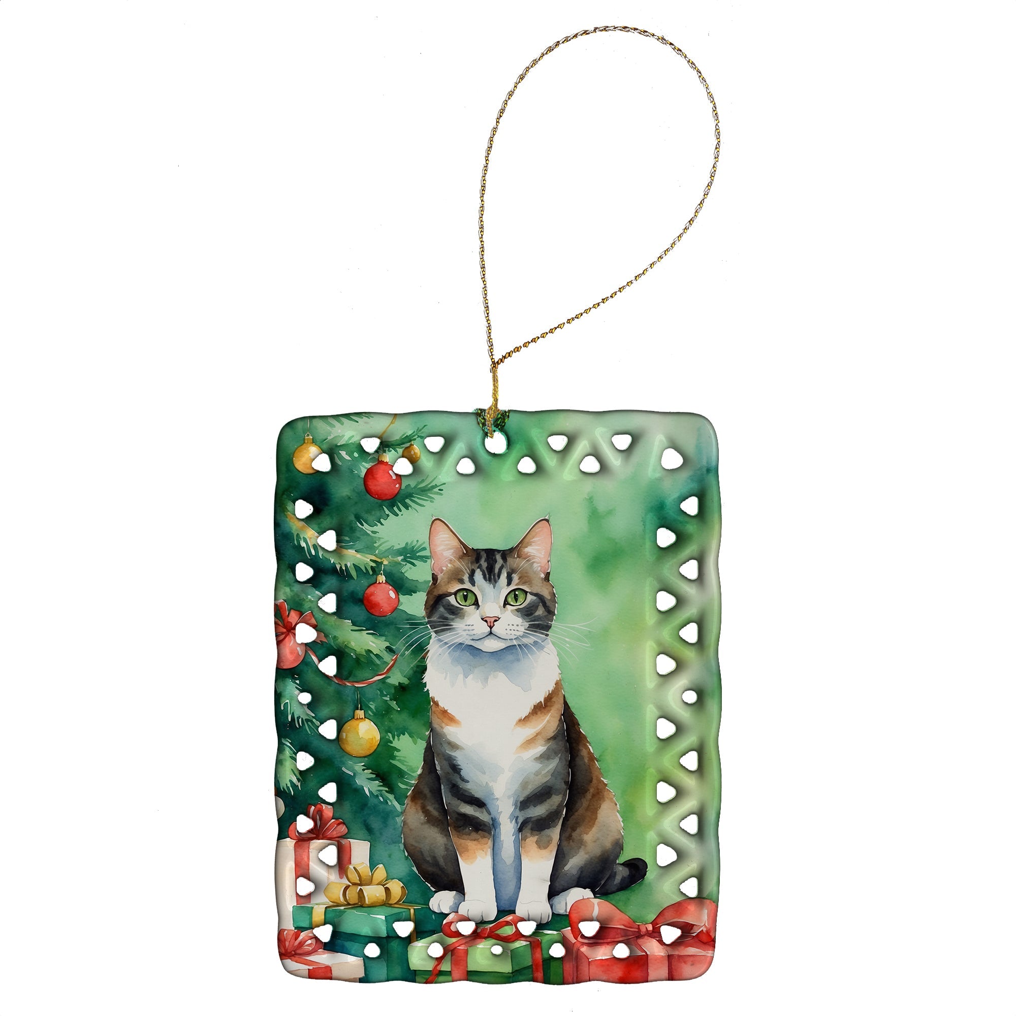 Manx Cat By the Christmas Tree Porcelain Ornament Christmas Tree Hanging Decorations for Home Christmas Holiday, Rectangle, Gift, Multicolor