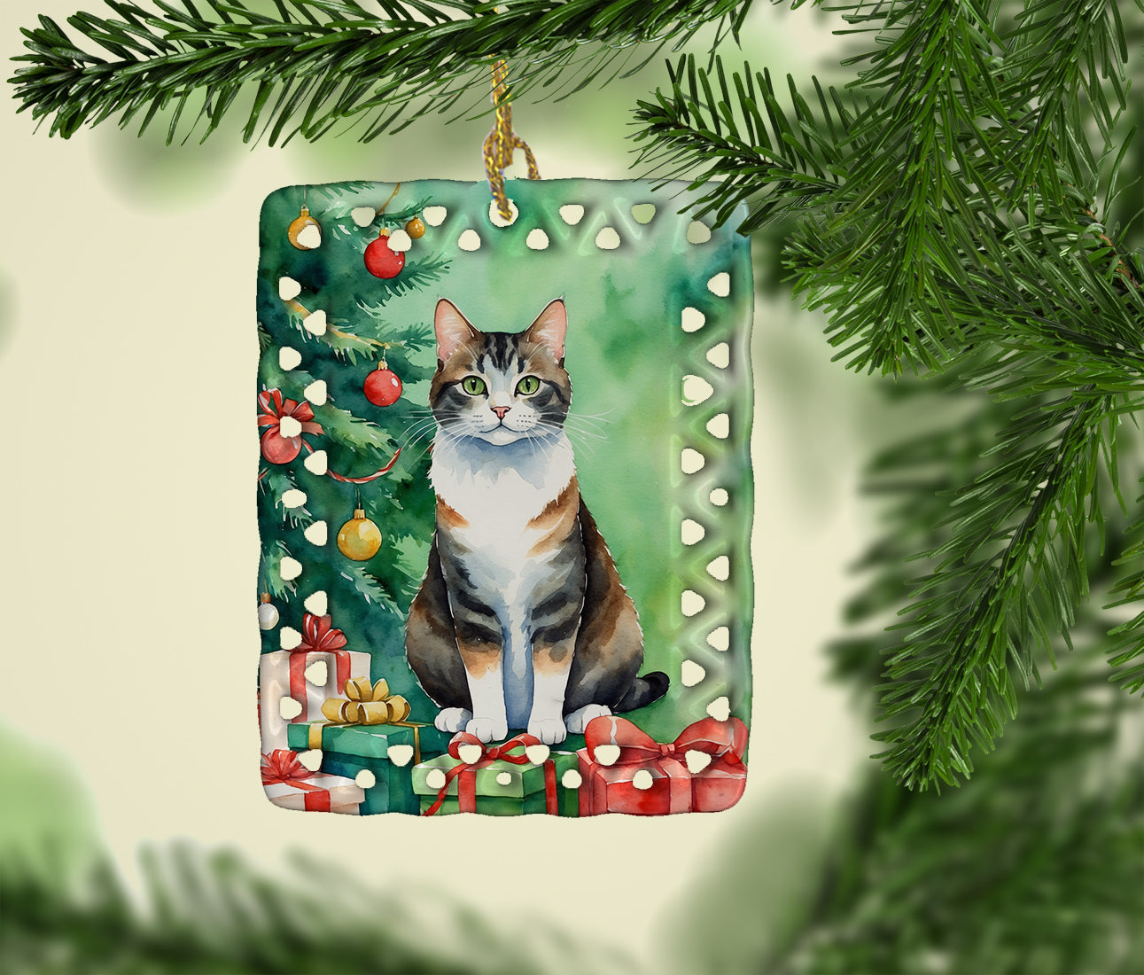 Manx Cat By the Christmas Tree Porcelain Ornament Christmas Tree Hanging Decorations for Home Christmas Holiday, Rectangle, Gift, Multicolor
